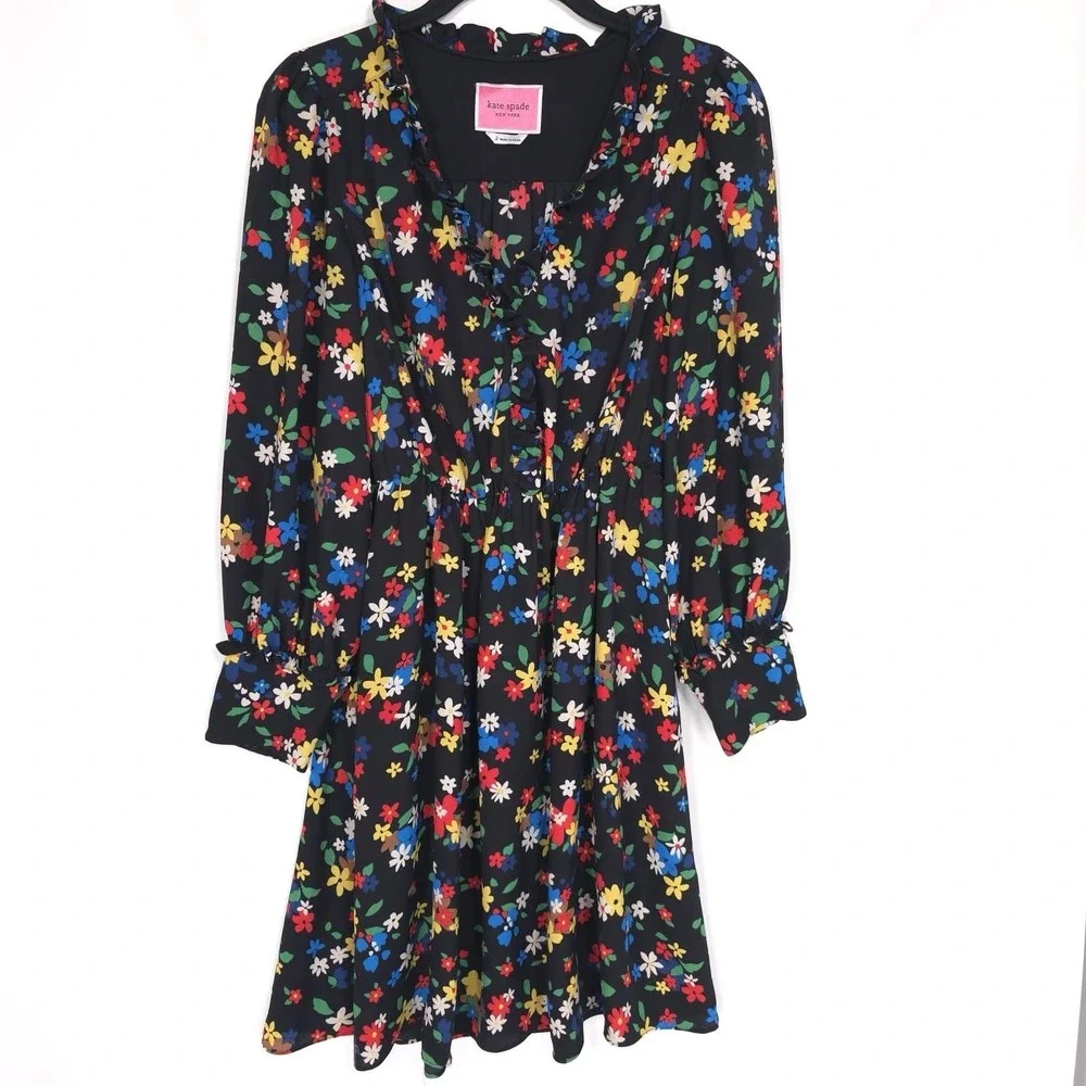 Kate Spade Sailing Floral Dress Size 2 Black Multi Ruffle‎ Elastic Waistband